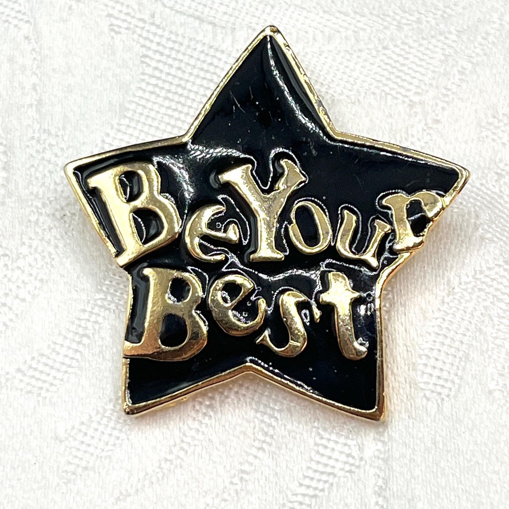 Vintage REN Gold Tone Be Your‎ Best Black Enamel Star Motivation Brooch